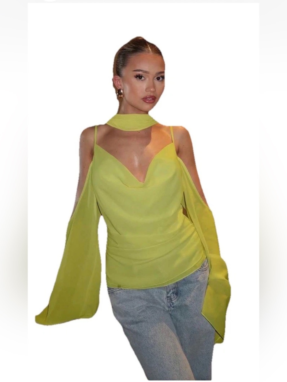 Women’s Lime Cold-Shoulder Chiffon Top with Choker